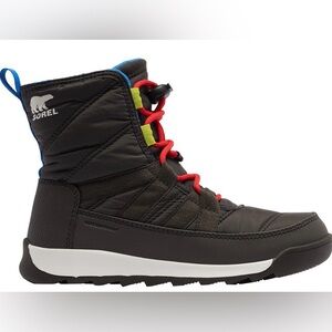 Sorel Kids' Black Winter Boot with Red Laces and Blue Trim